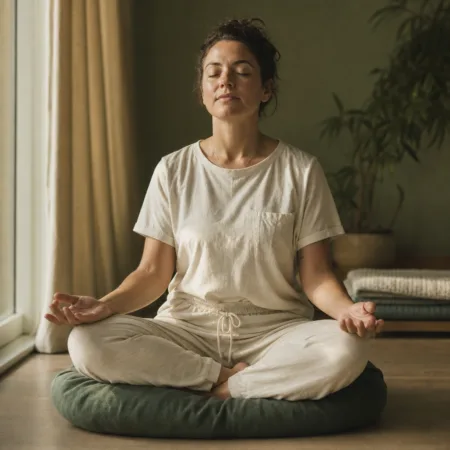 Ramus žmogus meditacijos pozoje - Budos meditacijų seminaro fonas